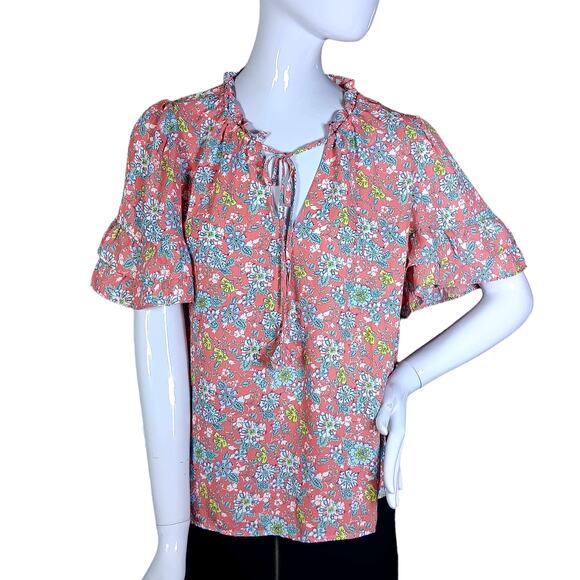 Max Studio Floral Bohemian blouse Size Large Orange Blue Yellow Short Sleeve - Picture 1 of 8